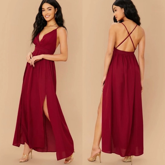 Dresses & Skirts - Criss cross thigh slit maxi dress v neck burgundy